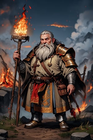 duergar dwarfwith ,LIGHT GRAY eyes with a little glowing, long gray braided beard with red traces in it
full body image
empty tabard with chain mail
paladin with purification and fire holding holy symbols with a giant maul in one hand

