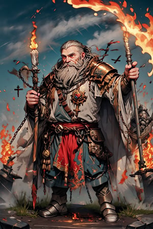 duergar dwarf with ,LIGHT GRAY eyes with a little glowing, long gray braided beard with red hair
full body image
empty tabard with chain mail
paladin, fire in a torch, holding holy symbols and a giant maul in one hand

