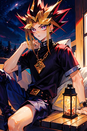 Alone, masterpiece, high quality and highly detailed, Yami from Yu-Gi-Oh, medium shot big, intense, deep purple, almost reddish eyes, with thin, angled eyebrows, has light-colored skin, an exaggerated hairstyle, with locks that stick out in sharp tips, the base of his hair is black, but has a blonde outer layer surrounding his face, additionally, he has purple locks at the tips, sitting on the hood of a red car, watching the stars with a dark style