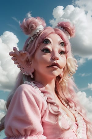 a woman, 4 eyes, clouds, heavenly aesthetic, pink hair, fluffywhite headband, long curly hair, in the clouds 