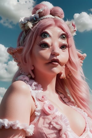 a woman, 4 eyes, clouds, heavenly aesthetic, pink hair, fluf fly white headband