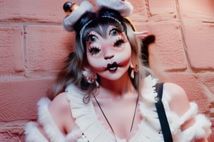 a woman, 4 eyes, Halloween vibe aesthetic, fuzzy dress with a fuzzy headband and black face makeup, clear 