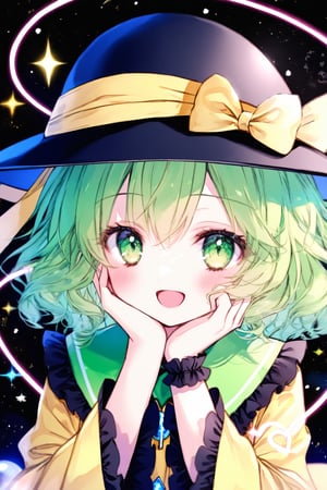 solo, cute lady, (komeiji koishi, third eye), upper body, blush, open mouth, smile, hand on cheek, sparkle,illustration,ultra detailed,hdr,Depth of field,(colorful),Artist rokusai,komeiji_koishi, 1girl, third_eye, yellow_shirt, black_hat, green_hair, frilled_sleeves,frilled_shirt_collar, wide_sleeves, hat_bow, green_eyes, green_skirt, heart_of_string, yellow_bow, hat_ribbon, diamond_button, yellow_ribbon, eyeball