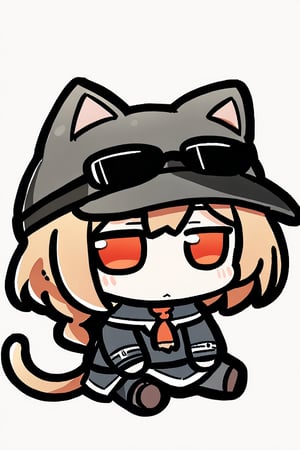 1girl,Ash,short hair,braided hair,brown hair,single braid,cat ears headwear,sunglasses on head,fingerless glove,black clothes,black skrit,black pants,brown boots,cat tail,black bel,black etiquette belt,fumo doll,chibi,sitting_down