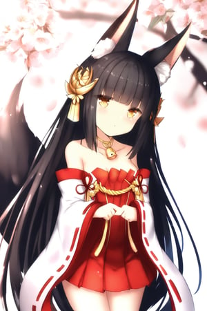 masterpiece,best quality,illustration,ultra detailed,hdr,Depth of field,(colorful),Artist rokusai,long hair, breasts, bangs, black hair, hair ornament, long sleeves, dress, animal ears, bare shoulders, brown eyes, very long hair, collarbone, small breasts, detached sleeves, wide sleeves, blunt bangs, animal ear fluff, sleeves past wrists, fox ears, strapless, bell, animal, short dress, red dress, strapless dress, white sleeves, pleated dress,nagato\(azurlane\), nagatoAL