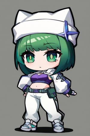 Ela,green hair,green eyes,short hair,purple crop top,cat ears headwear,white hat,white opened jacket,fingerless gloves,long sleeves,white pants,masterpiece,best quality,standing,chibi,simple background,full_body