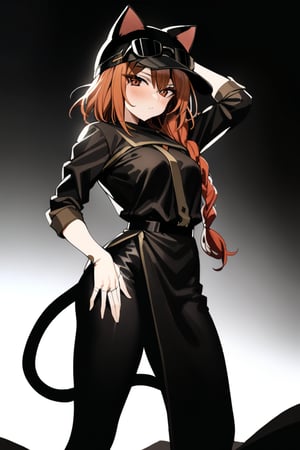 1girl,Ash,short hair,braided hair,brown hair,single braid,cat ears headwear,sunglasses on head,fingerless glove,black clothes,black skrit,black pants,brown boots,cat tail,black bel,black etiquette belt,masterpiece,best quality,look viewer,masterpiece,best quality,standing