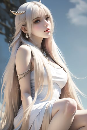 1girl, solo, long hair, breasts, bangs, blue eyes, hair ornament, dress, holding, bare shoulders, medium breasts, very long hair, white hair, sky, white dress, banana, copyright name, feet out of frame, star \(sky\), holding cup, starry sky