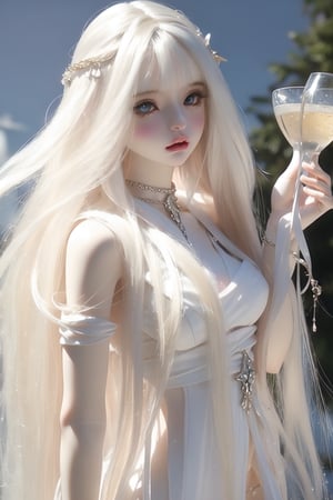 1girl, solo, long hair, breasts, bangs, blue eyes, hair ornament, dress, holding, bare shoulders, medium breasts, very long hair, white hair, sky, white dress, banana, copyright name, feet out of frame, star \(sky\), holding cup, starry sky