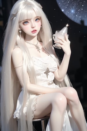 1girl, solo, long hair, breasts, bangs, blue eyes, hair ornament, dress, holding, bare shoulders, medium breasts, very long hair, white hair, sky, white dress, cup, copyright name, feet out of frame, star \(sky\), holding cup, starry sky