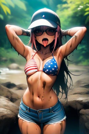 (masterpiece, best quality:1.2), cowboy shot, solo, 1girl, mudgirl, open mouth, tongue out, looking at viewer, arms behind head, baseball cap, backwards hat, sunglasses, american flag bikini, flag print, denim shorts, outdoors, mud 