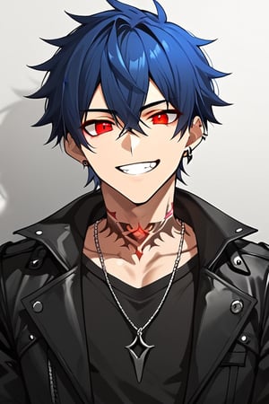 jewelry, 1boy, male_focus, solo, red_eyes, necklace, earrings, smile, looking_at_viewer, black_hair, upper_body, piercing, tattoo, shirt, hair_between_eyes, black_shirt, jacket, short_hair, ear_piercing, grin, bangs, black_jacket, blue_hair, neck_tattoo, glowing