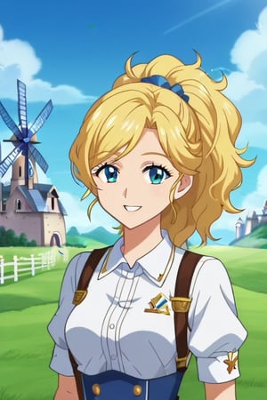 solo, masterpiece, best quality, perfect face, ((anime screencap)), beautiful european girl, mega ponytail, (big hair), smiling, portrait, adventurer, upper body, windmill, field, distant castle in background 