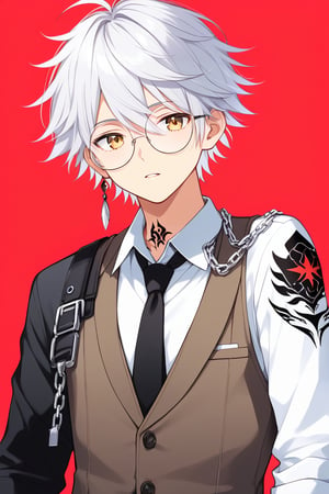 (masterpiece,best quality,ultra_detailed,highres,absurdres),1boy, male focus, tattoo, solo, white hair,chain, shirt, black necktie, necktie, simple background, yellow eyes, upper body, vest, short hair, looking at viewer, parted lips, collared shirt, round eyewear, long sleeves, neck tattoo, hand on own shoulder, arm tattoo, black shirt, red background, brown vest, monocle, jewelry ,  (looking  away:1.2)