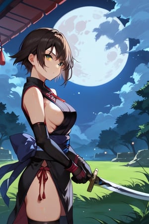 score_9, score_8_up, score_7_up, ,, zPDXL, 20yo, 1girl, short hair, dark brown hair, bangs, jyojifuku, Kuniichi, black kimono, sleeveless, thighhighs, gloves, elbow gloves, slit, short hem, ninja, night, moon, Japanese pampas grass, shadows, dark theme, murderous intent, prepare a sword, side boob