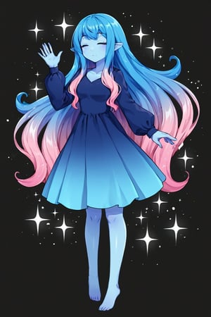 1girl, solo, long hair, simple background, long sleeves, dress, blue hair, standing, full body, closed eyes, pink hair, multicolored hair, artist name, hand up, sparkle, gradient hair, blue dress, colored skin, monster girl, black background, personification