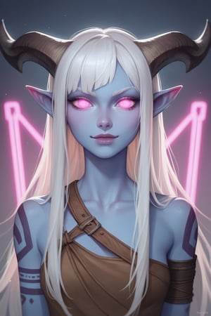 score_9, score_8_up, score_7_up, score_6_up, thrd, string art, 1girl, portrait, beautiful, tiefling shaman, white hair, (long hair:1.3), side bangs, horns, barbarian, gladiator, war paint, tribal markings, long tail, blue skin, pink eyes, glowing eyes, (smug:0.85), dramatic lights, detailed, sharp lines, dynamic, detailed drawing, simple background, drawing from threads, glowing, neon lines, pale colors with colored neon accents