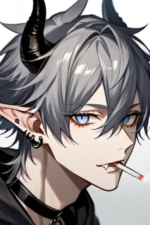 horns, red_hair, pointy_ears, solo, hood, 1boy, male_focus, earrings, cigarette, jewelry, choker, hood_up, piercing, grey_background, long_hair, looking_at_viewer, hair_between_eyes, grey_eyes, demon_horns, ear_piercing, simple_background, white_eyes, fang, portrait