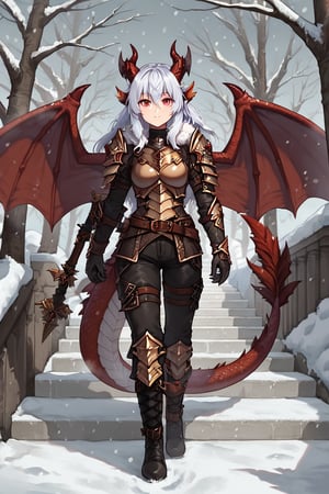 1girl, solo, long hair, looking at viewer, bangs, red eyes, gloves, hair between eyes, standing, tail, full body, weapon, white hair, boots, outdoors, wings, horns, belt, pants, black footwear, armor, tree, fur trim, snow, dragon horns, dragon girl, snowing, stairs, dragon tail, dragon wings