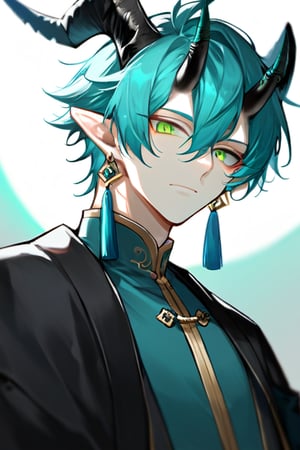 solo, looking at viewer, short hair, 1boy, hair between eyes, jewelry, closed mouth, green eyes, upper body, male focus, earrings, horns, pointy ears, aqua hair, tassel, bishounen, tassel earrings