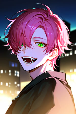 solo, looking at viewer, smile, short hair, open mouth, 1boy, green eyes, upper body, pink hair, male focus, teeth, hair over one eye, night, fangs, building