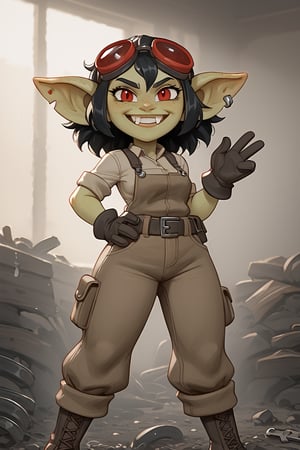 Create an image of an adorable but eccentric female goblin standing in a cluttered workshop. She has bright lime-green skin with dark green freckles scattered across her cheeks. The goblin is about 90 cm tall, with short, messy black hair and large, natural red eyes. Her pointed ears are prominent, and her sharp, small fangs peek out from her grin. She’s dressed as an artificer, wearing a tattered work outfit filled with numerous pockets and tools, with the clothes looking worn and patchy. The goblin is posed in a challenging stance, standing sideways with a pronounced hip, one hand on her hip and the other hand raised holding a wrench. She is looking directly at the viewer with a mischievous yet cute expression. She is wearing leather gloves, adding to her practical and inventive look. A pair of goggles rest atop her head, and various tools are attached to her belt. The workshop background is chaotic but cozy, filled with scrap materials, unfinished gadgets, and cluttered workbenches. Ensure the goblin is the main focus with high detail and accuracy in her hands, eyes, and all tools. The scene should be free of floating or deformed objects.,big_ass