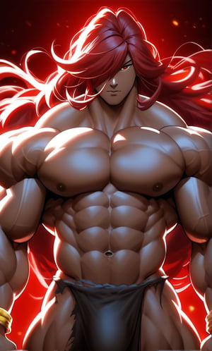 Prompt: Prompt: Serious musculine face, red iris eyes, no pants, sexy pose, brown skin, tall Muscular male, huge biceps, red hair, torn dark grey loincloth,long straight hair that slightly cover one eye,no shirt, golden bracelets ,big bulge, huge pectorals, defined abs,big_muscles, beefy, firey lighting, dark red background, show quads