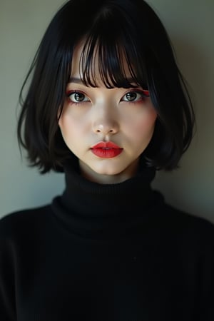 Raw photo. Sacred. Beloved. Pure, innocent, pure, 32 years old. Tattoo. Photorealistic portrait of a cute and pure Japanese girl with black bob hair. Kind. Emphasizing her innocence. She is wearing a black turtleneck sweater, which brings her features and facial expression into focus. The lighting is soft and natural, perfectly capturing her cuteness and purity without the distraction of the background. High resolution photo, soft focus lens, natural light, close-up composition, minimalist approach, attention to the texture and details of the sweater, highlighting her purity and innocence.