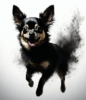 silhouette of a chihuahua, ink brushstrokes in background, looking at viewer, jump pose, ink rain, stunning image, ink smoke, digital art, professional style, ((masterpiece quality: 2)), ink droplets, attractive image.,INK,Ink art