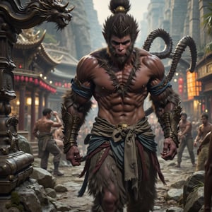 Black Myth: Wukong is wearing a sexy silver bikini, ready to go, walking towards him fiercely, with a tattoo on his chest, a dragon, and a chaotic battlefield background