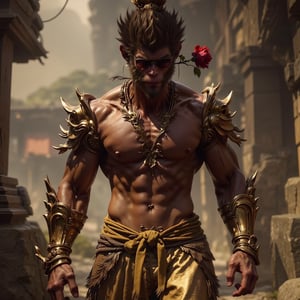 Black Myth: Wukong is wearing a sexy golden bikini, ready to go, wearing sunglasses, biting a rose in his mouth, and walking towards him fiercely