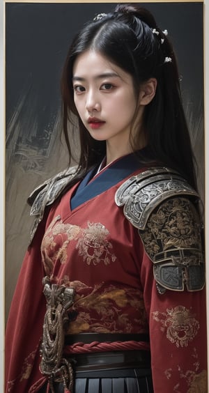 physically-based rendering, portrait, ultra-fine painting, extreme detail description, Akira Kurosawa's movie-style poster features a full-body shot of a 28-year-old girl, embodying the samurai spirit of Japan's Warring States Period, An enigmatic female samurai warrior, clad in ornate armor , This striking depiction, seemingly bursting with unspoken power, illustrates a fierce and formidable female warrior in the midst of battle. The image, likely a detailed painting, showcases the intensity of the female samurai's gaze and the intricate craftsmanship of his armor. Each intricately depicted detail mesmerizes the viewer, immersing them in the extraordinary skill and artistry captured in this remarkable 4K   --chaos <30>  --uplight  --q <.25, .5,  2, >、（Eye level angle）、（medium shot）、（photoreal）、（volumetric light）
