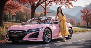 Honda NSX Hybrid, pearl pink body, bright silver ray forged aluminum alloy wheels, high-strength lightweight wheels, aerodynamic kit, fixed-wind rear wing, sunny day, female driver with long flowing hair, good figure, wearing goose yellow thin clothes Wearing a gauze dress, parked the car on the side of a country road, leaned on the body of the car, and smiled at the camera. There were dense maple leaves on the trees, and the red edges were bright, like the Champs Elysées. Background: blue sky, beautiful mountain scenery, 32K , -Chaos<30>, (eye level angle), (close-up), (realistic), (amount of light), (high quality), (volume light)