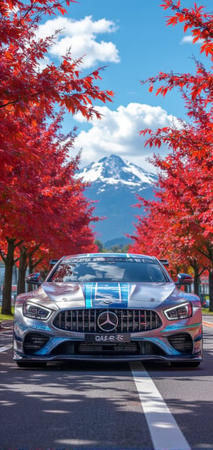 Mercedes-AMG GT3 (C190), bright silver with blue diagonal line body, bright silver ray forged aluminum alloy wheels, high-strength lightweight wheels, fixed-wind rear wing, driving on a country road on a sunny day, maple leaves There are dense red maple trees on both sides of the road, like a red maple tunnel. Background: blue sky, beautiful mountain scenery, 32K, -- Chaos <30>, (flat angle), (close-up), (realistic), (amount of light), (high Image quality), (Volume light)