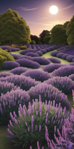 A view of a surreal garden of lavender flowers with a visitor in the distance, illuminated in the moonlight  4k   --chaos <30>  --uplight  --q <.25, .5,  2, >、（Eye level angle）、（medium shot）、（photoreal）、（volumetric light）、(Hyperrealistic)