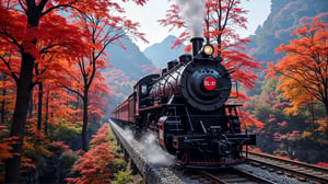 Alishan Forest Railway Steam Locomotive SL-21, with an all-black body, a red circular sticker on the top of the locomotive, with the word 21 printed on it, the locomotive is driving over the ravine, in autumn, there are tall maple trees next to it, red maples, background: blue sky, All the maple leaves are falling, the mountains are 32K,object::5, --chaos <30> --uplight, (perspective), (medium shot), (photo real scene), (volume light)