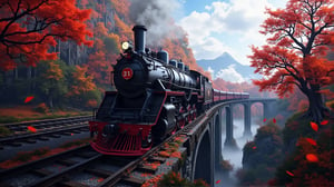 Alishan Forest Railway Steam Locomotive SL-21, with an all-black body, a red circular sticker on the top of the locomotive, with the word 21 printed on it, the locomotive is driving over the ravine, in autumn, there are tall maple trees next to it, red maples, background: blue sky, Maple leaves falling, mountains. 32K,object::5, --chaos <30> --uplight, (perspective), (drone footage), (photo real scene), (volume light)