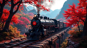 Alishan Forest Railway Steam Locomotive SL-21, with an all-black body, a red circular sticker on the top of the locomotive, with the word 21 printed on it, the locomotive is driving over the ravine, in autumn, there are tall maple trees next to it, red maples, background: blue sky, All the maple leaves are falling, the mountains are 32K,object::5, --chaos <30> --uplight, (perspective), (medium shot), (photo real scene), (volume light)