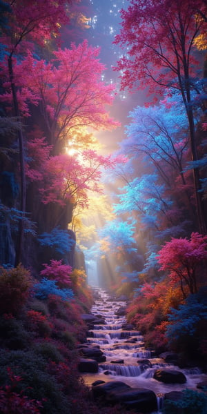 magical planet where everything is vibrant and full of colors where bright trees and flowers 4K --ar 9:16   --chaos <30>  --uplight  --q <.25, .5,  2, >、（Eye level angle）、（medium shot）、（photoreal）、（volumetric light）