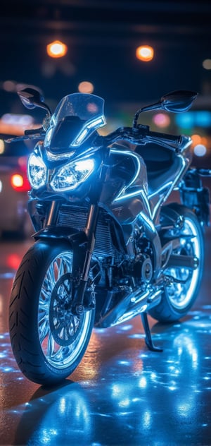 TRON Light Cycle, the super cool "Light Cycle" motorcycle, 32K, -- Chaos <30>, (eye level angle), (close-up), (realistic), (amount of light), (high Image quality), (Volume light) 