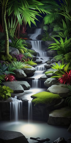 A serene jungle waterfall surrounded by vibrant plant life, illuminated by a mysterious night-time glow 4k     --chaos <30>  --uplight  --q <.25, .5,  2, >、（Eye level angle）、（medium shot）、（photoreal）、（volumetric light）、(Hyperrealistic)