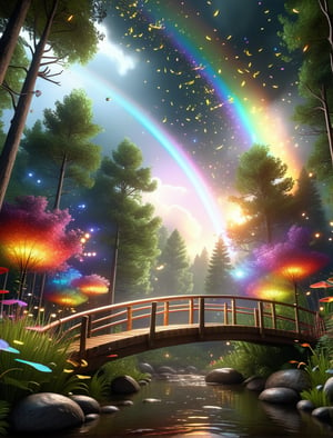 A photoreal, mystical forest with a surreal rainbow bridge and volumetric uplighting showcasing swirling clouds and whimsical fireflies --ar 9:16   --chaos <30>  --uplight  --q <.25, .5,  2, >、（Eye level angle）、（medium shot）、（photoreal）、（volumetric light）