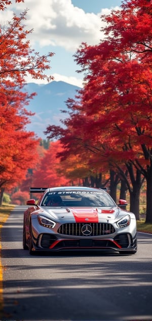 AMG GT3 EDITION 55 special car, bright silver with Carmine diagonal line body, bright silver ray forged aluminum alloy wheels, high-strength lightweight wheels, fixed-wind rear wing, driving on a country road on a sunny day, maple leaves on the trees on both sides Dense and red maples, like a maple-red tunnel, background: blue sky, beautiful mountain scenery, 32K, -- Chaos <30>, (eye level angle), (close-up), (realistic), (amount of light), (high Image quality), (Volume light)