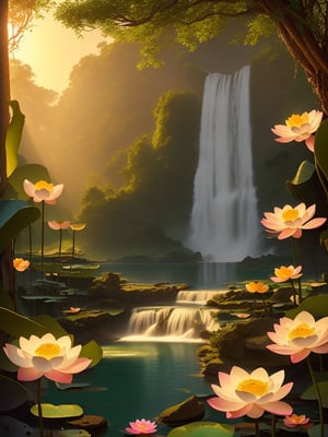 Tropical waterfall with golden hour lighting, lotus flowers in foreground, cinematic composition --ar 9:16   --chaos <30>  --uplight、（Eye level angle）、（medium shot）、（photoreal）