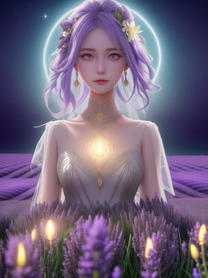 A lavender field at dusk, where the flowers transform into glowing, human-shaped sculptures with a surreal, dreamlike quality --ar 9:16   --chaos <30>  --uplight  --q <.25, .5,  2, >、（Eye level angle）、（medium shot）、（photoreal）、（volumetric light）