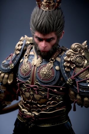 wukong, This image is a highly detailed digital illustration featuring a fierce, mythical character with an anthropomorphic appearance. The character is depicted as a humanoid figure with a large, muscular build and a prominent, bushy mane of dark hair. He has a stern, serious expression with sharp, piercing eyes and a slightly raised brow, suggesting a sense of determination or readiness.The character is dressed in ornate, elaborate armor that is richly detailed with intricate patterns and motifs. The armor is predominantly dark, likely black or dark blue, with gold and silver accents that catch the light, giving it a shimmering effect. The armor is adorned with various decorative elements, including ornate shoulder pads, intricate designs on the chest plate, and long, flowing red ribbons that add a touch of color and contrast. The armor is heavily embellished with traditional Asian motifs, such as dragons and floral patterns, indicating a possible East Asian influence in the design. look at viewer 