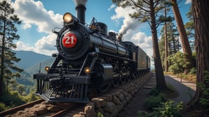 Alishan Forest Railway Steam Locomotive SL-21 has an all-black body. There is a red circular sticker on the top of the locomotive with the word 21 printed on it. The locomotive is driving over a ravine, with towering trees beside it. The background: blue sky, dense woods, and mountains. 32K --chaos <30> --uplight, (perspective), (close-up), (photo real scene), (volume light)