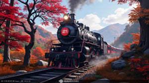 Alishan Forest Railway Steam Locomotive SL-21, with an all-black body, a red circular sticker on the top of the locomotive, with the word 21 printed on it, the locomotive is driving over the ravine, in autumn, there are tall maple trees next to it, red maples, background: blue sky, Maple leaves falling, mountains. 32K,object::5, --chaos <30> --uplight, (perspective), (drone footage), (photo real scene), (volume light)