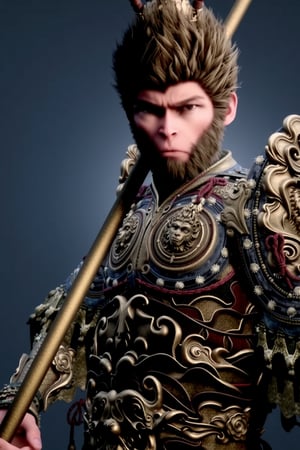 Wukong, this image is a highly detailed digital illustration of a ferocious mythical creature with an anthropomorphic appearance. The character is depicted as a humanoid figure, tall and muscular, with prominent thick brown curly hair. His expression is serious and solemn, his eyes are red and sharp, his eyebrows are slightly raised, and he holds a long golden stick in his left hand. The shape of the long stick is similar to a miniature version of the pillar in front of a Taiwanese temple. There are carvings on the long stick, and the carving pattern is based on dragons. The pattern, carved with a dragon hovering over a long stick, approximately seven inches in length, suggests a sense of determination or preparation. The armor is primarily dark, perhaps black or dark blue, with gold and silver accents that catch the light and give it a sparkling effect. The armor is adorned with various decorative elements, including ornate shoulder pads, intricate designs on the breastplate, and long, flowing red ribbons that add color and contrast. The armor is heavily decorated with traditional Asian patterns, such as dragons and floral patterns, suggesting that the design may have been influenced by East Asia. look at the audience