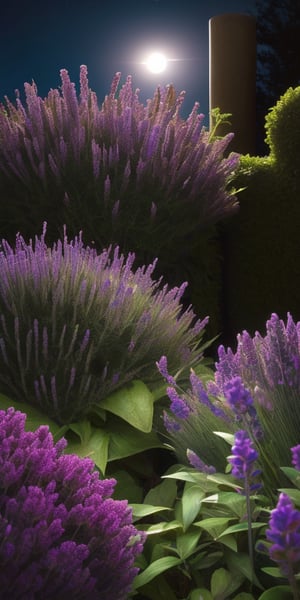 A field of surrealistic lavender flowers in a moonlit garden, shot at eye-level, with uplighting and a photorealistic aesthetic  4k  --ar 9:16   --chaos <30>  --uplight  --q <.25, .5,  2, >、（Eye level angle）、（medium shot）、（photoreal）、（volumetric light）、(Hyperrealistic)